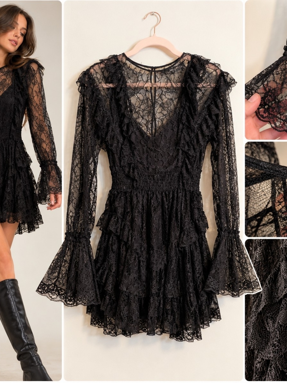 Black Floral Lace Tiered Mini Dress